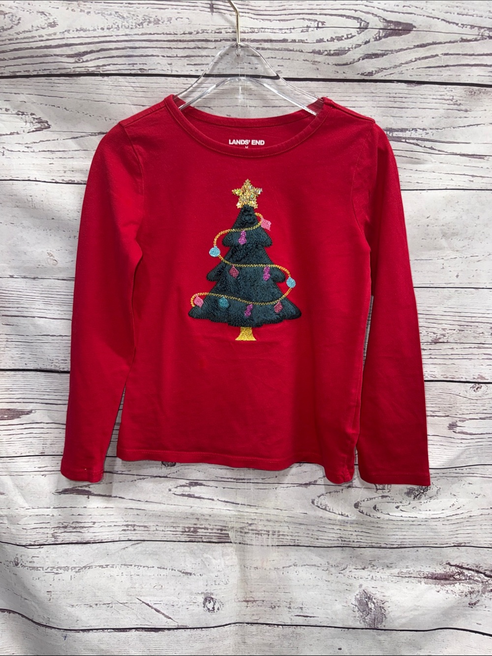 Lands' End Red Long-Sleeve Tee with Embroidered Christmas Tree Size 6